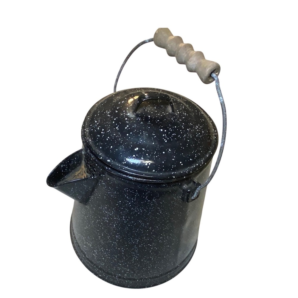 Vintage Large Black Speckled Graniteware Coffee Pot Campfire Cowboy Enamelware